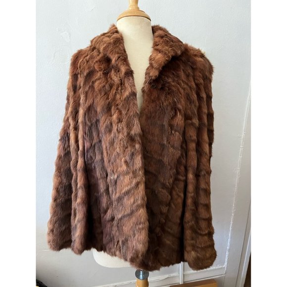 Vintage muskrat mink fox fur herringbone pattern soft brown cape overcoat - Picture 1 of 16